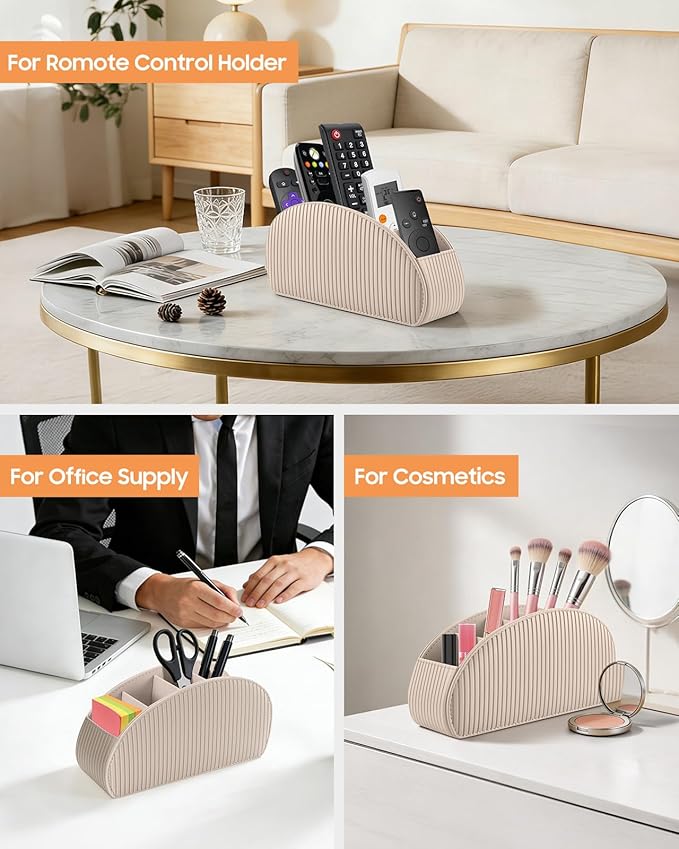 SITHON Remote Control Holder with 5 Compartments - PU Leather Remote Caddy Desktop Organizer Store TV, DVD, Blu-Ray, Media Player, Heater Controllers, Stripe Latte
