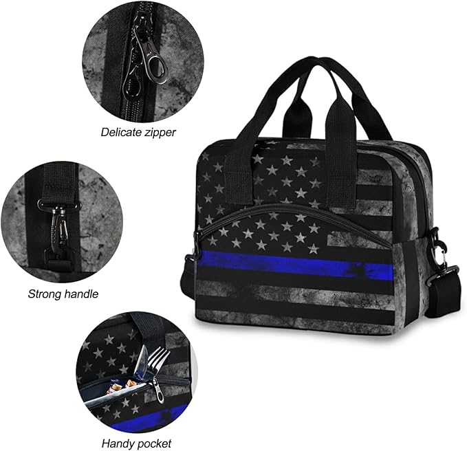 CBBYY Thin Blue Line American Flag Lunch Bags for Women Men, Reusable Insulated Lunch Box, Adjustable Shoulder Straps Tote Lunch Bag for Work Picnic School