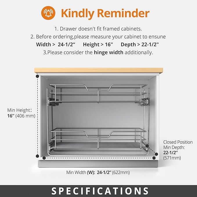 ZOINLIY Pull Out Cabinet Organizer, Versatile Slide Out Kitchen Organizers and Storage,Heavy Duty Drawer Cupboard Storage Basket, Smooth Sliding, Chrome Finish (2-Tiers-24¼''W×22“D)