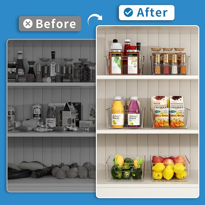 Mpotmiy 4 Pack Clear Pantry Organizers and Storage Bins with Divider, Transparent Plastic Basket, Refrigerator and Fridge Bins