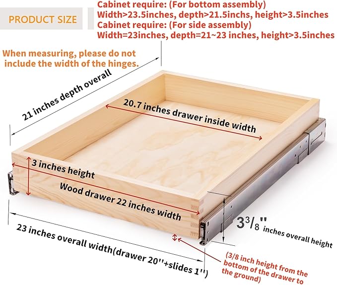 23”W x 21”D x 3”H Soft Close Slide Out Wood Drawer Organizer for Kitchen, Bottom and Side Assembly (Cabinet Opening>23.5 inches for Bottom Assembly, Opening= 23 inches for Side Assembly)