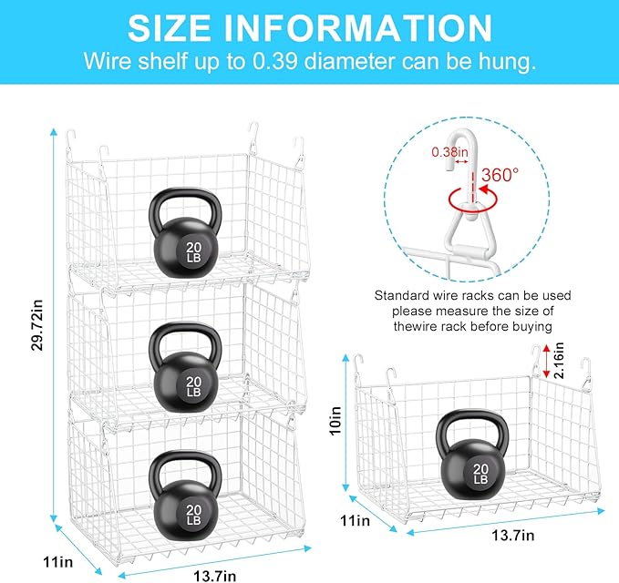 3-Tier Hanging Laundry Basket Organizer：Foldable Wire Shelf Laundry Room Organizer with 360°Rotating Hooks Small Space Solutions Pantry Baskets - Laundry Organization, White Patent