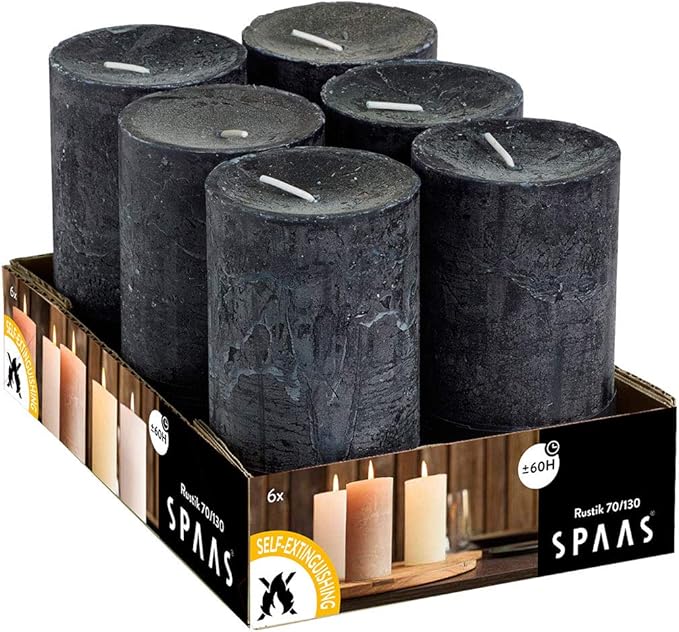 Spaas 6 Rustic Unscented Rustic Pillar Candles 70/130 mm, ± 60 Hours, Black