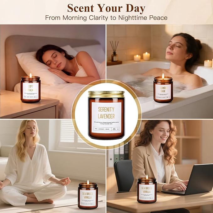 Scented Soy Candles Set for Women - 6 Pack 42oz 300Hour Candle for Home Scented, Lavender Vanilla Eucalyptus Sage Jasmine Sandalwood Candle for Spring Summer, Natural Soy Wax Aromatherapy Candles ﻿