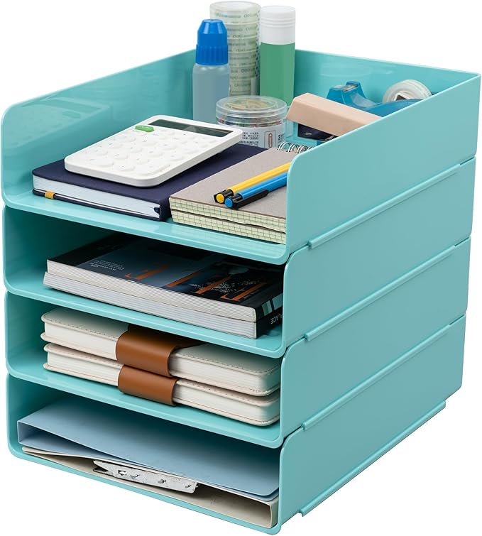 Tiawudi Desk Organizer, Office Organization and Storage, Plastic Letter Tray, Stackable File Organizer for Classroom, Home, Documents, Notes, Folders, Books and Pens, 4 Tier