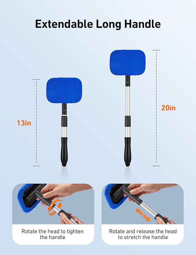 AstroAI Windshield Cleaner Tool, Microfiber Car Window Cleaner with 4 Reusable and Washable Microfiber Pads and Extendable Handle Auto Inside Glass Wiper Kit, Blue