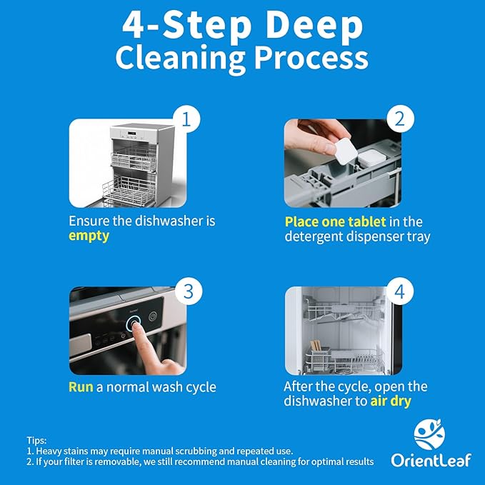 ORIENTLEAF Dishwasher Cleaning Tablets, Lemon Scent 9 Month Supply, Dishwasher Cleaner and Deodorizer, Dish washer Descaler