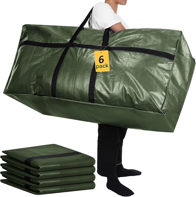 6 Pcs 66 Gallon Extra Large Moving Bags Heavy Duty Storage Bag with Strong Zipper Handle Foldable XXL Jumbo Storage Tote Packing Moving Box for College Dorm Travel Cloth Duffle (Army Green)