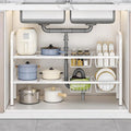 Under Sink Organizers – Expandable 2 Tier Under Cabinet Storage Rack with Adjustable Shelves, 4 Baskets & Panels, Heavy Duty Metal, Fits Around Pipes for Kitchen & Bathroom (White)