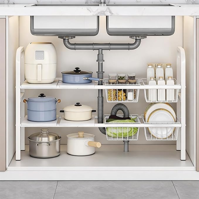 Under Sink Organizers – Expandable 2 Tier Under Cabinet Storage Rack with Adjustable Shelves, 4 Baskets & Panels, Heavy Duty Metal, Fits Around Pipes for Kitchen & Bathroom (White)