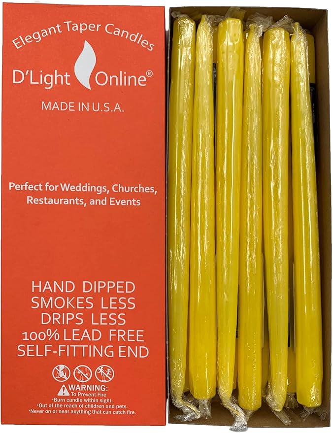 D'light Online Elegant Unscented 12" Yellow Taper Candles Premium Quality Hand-Dipped Tapered Candles, Dripless and Smokeless - Set of 12 Individually Wrapped (12 Inch, Yellow)