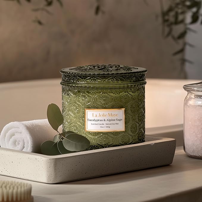 LA JOLIE MUSE Eucalyptus & Apline Sage Scented Candle | Eucalyptus, Sage, Lavender | 12 oz Double Cotton Wick Soy Candle | 60 Hours Clean Burn | Daily Relaxation & Cozy Ambiance | Elegant Home Decor