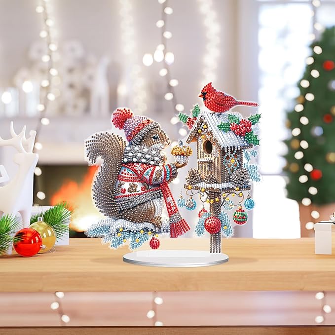 5D Diamond Art Painting Ornament Kits Birdhouse and Squirrel, DIY Diamond Art Painting Desktop Ornament, Special Shaped Crystal Rhinestone Diamond Art Table Top Home Office Christmas Decor (24x24cm)