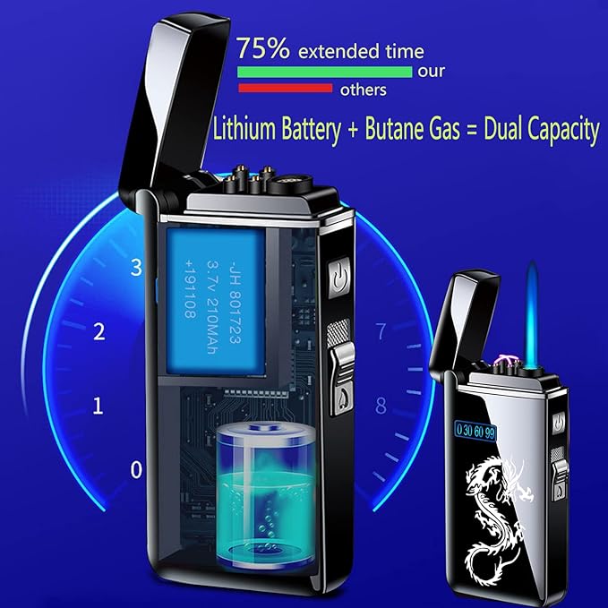 Arc Jet Flame Torch Lighter - 2 in 1 Electronic Refillable Butane, USB Rechargeable With Battery Indicator, Windproof Infinity Electric Plasma Cycle Charge (Blue Dragon)