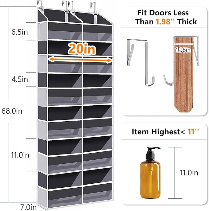 Heavy Duty Over The Door Organizer 6 Tiers, Extra Large Behind Door Storage of 12 Big Front & 12 Mesh Pockets, 80lb Weight Capacity, Hanging Doors Storage for Closet Bedroom Nursery, Gray