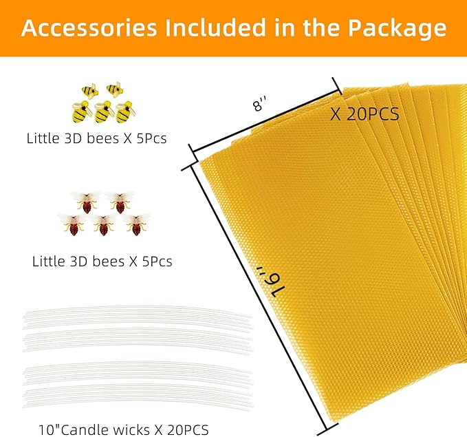 Lacaser Beeswax Sheets for Candle Making Kit, 20 Pcs 8"x16" Pure Bees Wax Made Sheets Equals to 40pcs 8"x8" Beeswax Sheets, Include Bee Ornaments,Cotton Candle Wicks for Bulk Candle Making