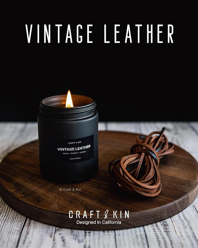 Craft & Kin Premium Vintage Leather Candle | Black Scented Candles for Men | Long Lasting with 45 Hour Burn Time, 7.6oz | Soy Candles | Aromatherapy at Home | Gifts for Men