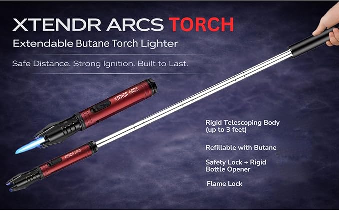 Torch Extendable 3 Feet Extra Long Flame Ignitor for Fireplace Stove Candle Lighter for Pilot Light, Grilling, Camping Firepit, Kitchen, Outdoor BBQ (Silver)