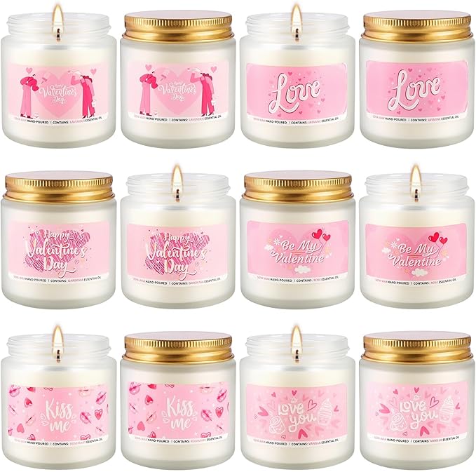 Valentine's Day Pink Scented Candles-12Pcs 3.5oz Each-Natural Plant Essential Oils & Cotton Wick, Aromatherapy Candle for Relaxing Stress Relief, Home Decor & Romantic Gifts for Her.