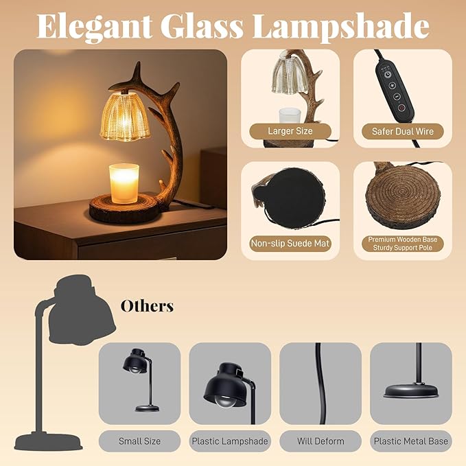 Candle Warmer Lamp | Rustic Candle Warmer Lamp with Timer and Dimming Function | Suitable for Retro Decoration and Creative Gifts Features A Resin Reindeer Antler Design and Comes with 2 Light Bulbs