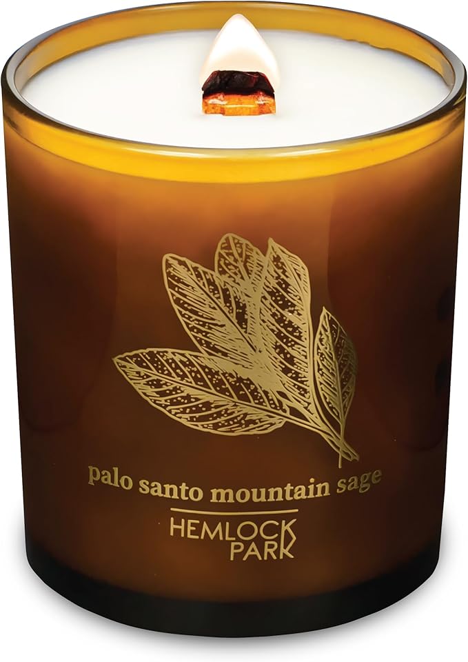 Hemlock Park Amber & Gold Wood Wick Candle Handcrafted with Natural Coconut Wax (Large 14 oz, Palo Santo Mountain Sage)