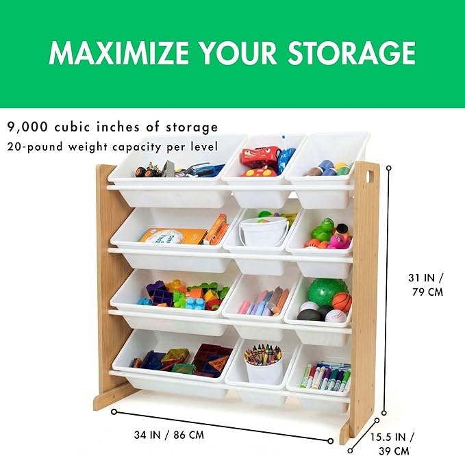 Humble Crew Kids Toy Storage Organizer with 12 Plastic Bins, Natural/White – Removable Bins for Playroom, Bedroom, Toddler Furniture for Boys and Girls Ages