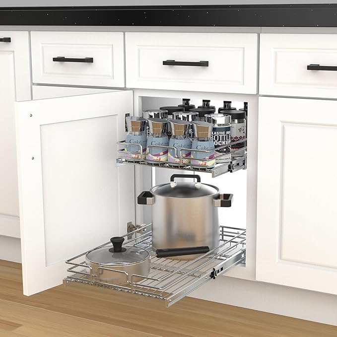 2 Tier Pull Out Cabinet Organizer, 17" W x 21" D Heavy-Duty Metal Sliding Drawer Shelf for Kitchen Cabinets, Chrome, Doesn't Include Door Fittings