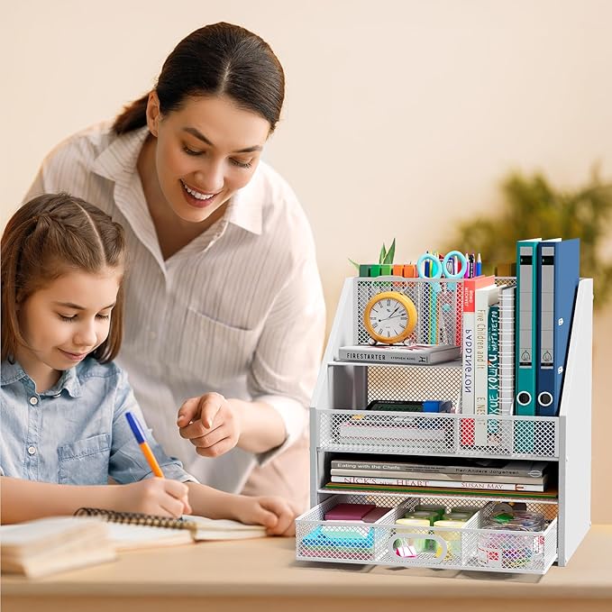 Homsorout Wooden Desk Organizer - Mesh File Organizer with Drawers and Pen Holder - 4-Tier Vertical Paper Letter Storage Tray, Desktop Organizers and Accessories for Home Office （White