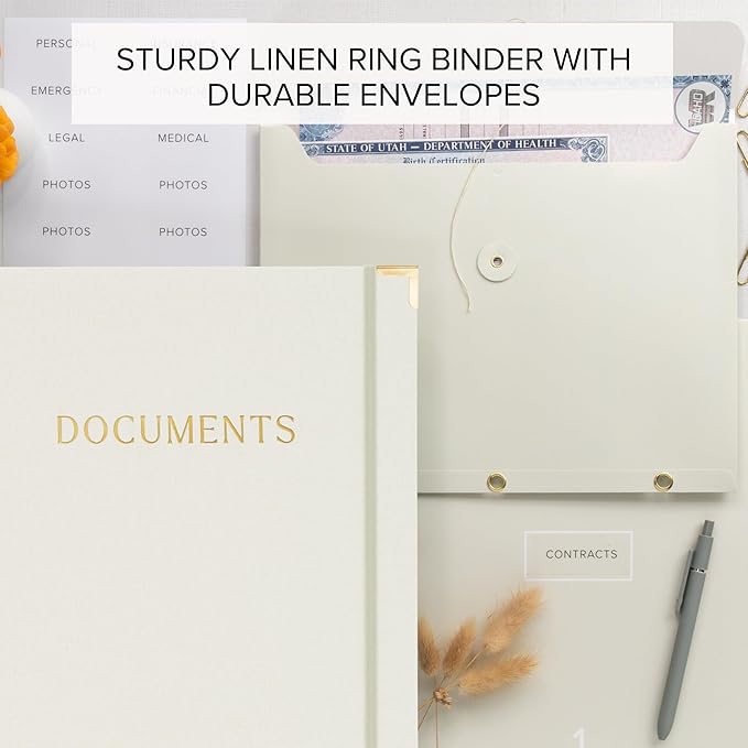 Sturdy Document Organizer Set with Folders - Beautiful Linen 3-Ring Binder Safely Stores All Important Documents & Files in One Place - Easy to Use Expanding Storage Incl. Envelopes, Pockets & Labels