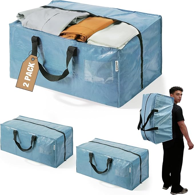 WORKPRO 2 Pack Extra Large Moving Bags with Zippers & Carrying Handles Backpack Straps, Heavy-Duty Storage Tote for Space Saving & Storage, Alternative to Moving Box (Dusty Blue)