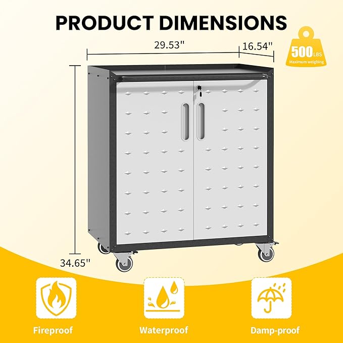 Garage Storage Cabinets with Wheels, Locking Metal Storage Cabinets with Doors and Adjustable Shelves, Easy Assembly Tool Cabinet for Garage, Basement,Warehouse
