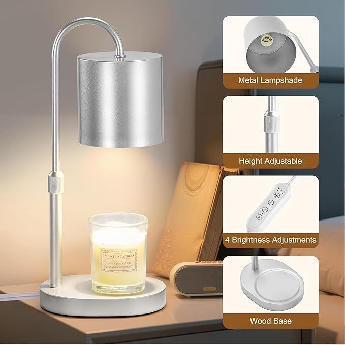 Dreamholder Electric Candle Warmer Lamp with Timer & Dimmer, Adjustable Height Wax Melt Warmer for Jar Candles, Wood Base Candle Melter, Floral Home Decor Gifts for Women, Mom, Silver