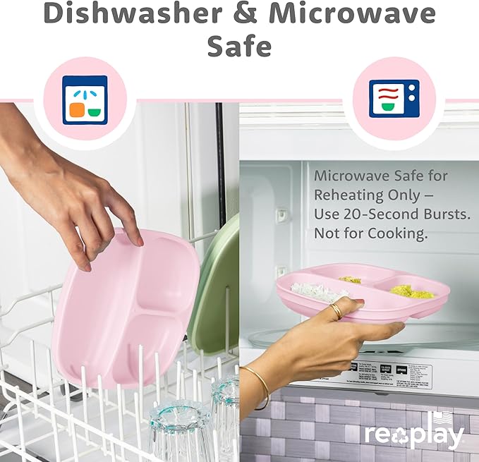 Re-Play Toddler Plates with Dividers - Deep-Walled 3 Compartments Divided Plates for Kids - Dishwasher & Microwave Safe - Made in USA - Set of 4-7.37" x 7.37" x 1.25" - Princess