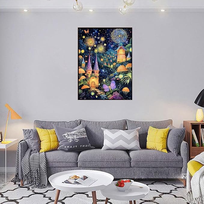 Mushroom House Night Diamond Art Kits for Adults,5D Diamond Painting Kits for Adults,Diamond Painting Diamond Art with Full Drill Diamond Dots,DIY Gem Crafts Kits for Home Wall Decor Gift 12x16 inch