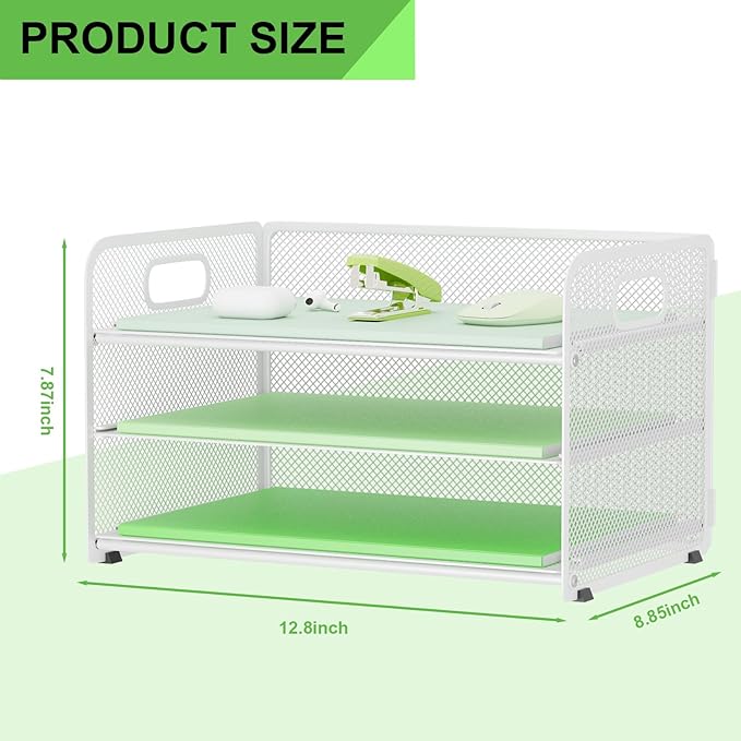 3 Tier Paper Letter Tray Organizer for Desk, Mesh File Folder Document Organizer with Handle for Home Office Supplies Desktop Accessories, White