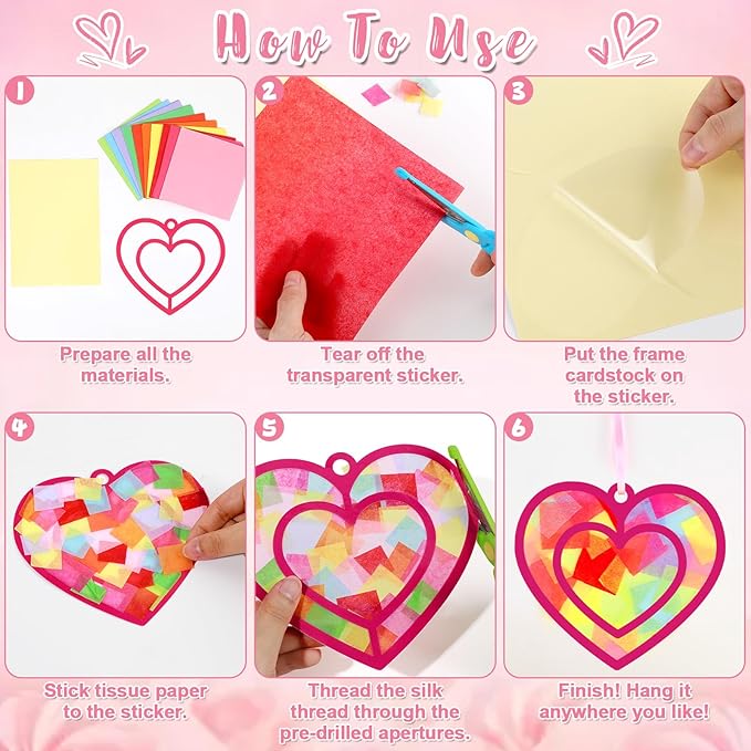 Qyeahkj 36 Set Valentine's Day Suncatchers Craft Kit DIY Heart Window Stained Glass Effect Paper Pink Love Window Tissue Paper Craft School Classroom Home Decor Valentines Art Supplies Kids Favor Gift