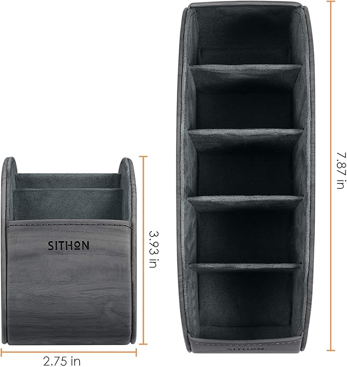 SITHON Remote Control Holder with 5 Compartments - PU Leather Remote Caddy Desktop Organizer Store TV, DVD, Blu-Ray, Media Player, Heater Controllers, Woodgrain Gray