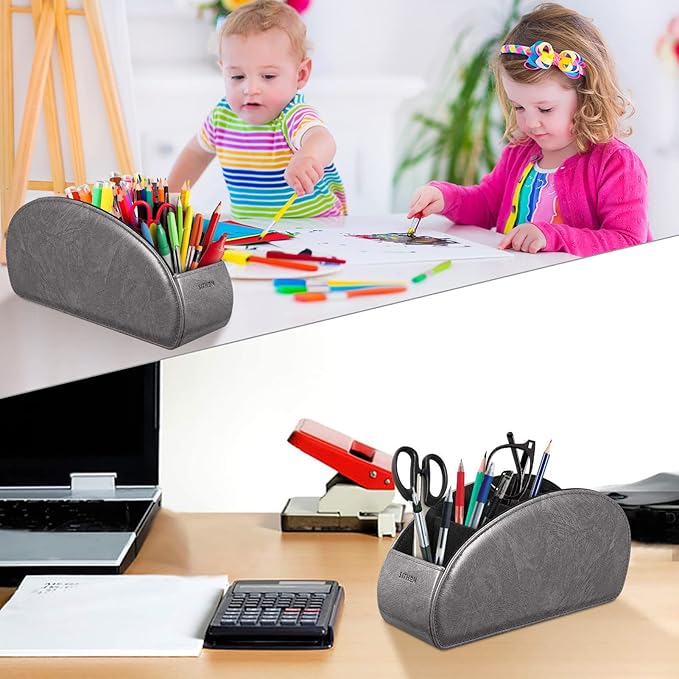 SITHON Remote Control Holder with 5 Compartments - PU Leather Remote Caddy Desktop Organizer Store TV, DVD, Blu-Ray, Media Player, Heater Controllers, Dark Gray