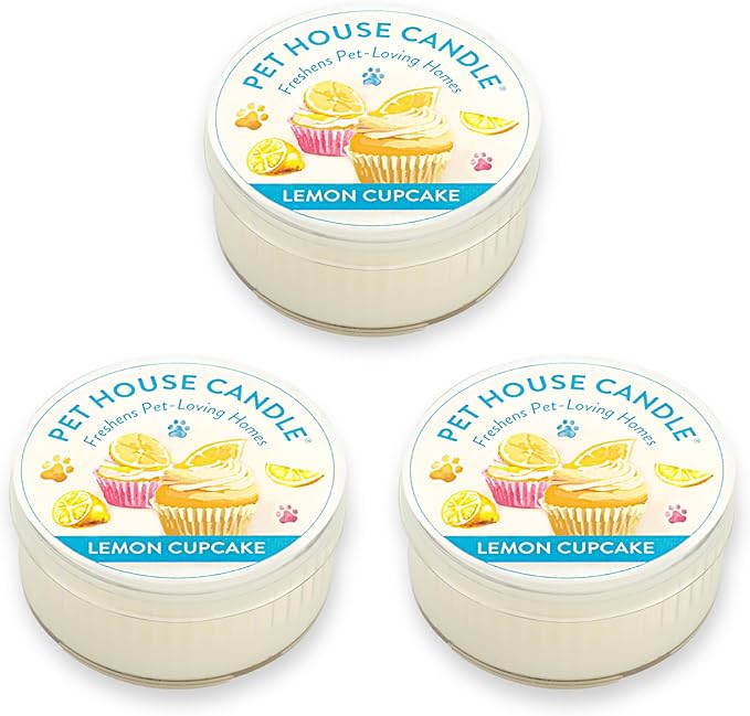One Fur All Pet House Mini Candles for Pet Odor Made with Natural Soy Wax, Plant Based, Dog and Cat Friendly Scented Candles, Lemon Cupcake Pack of 3