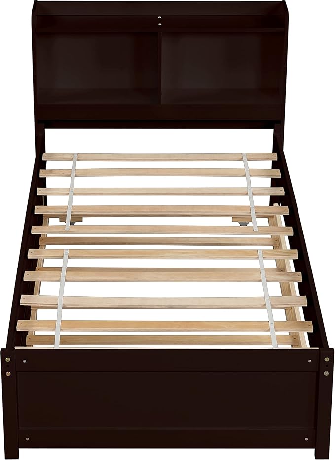 Harper & Bright Designs Twin Size Platform Bed with Bookcase Headboard and Trundle, Wooden Twin Platform Bed Frame with Bookself for Kids Girls Boys, Espresso