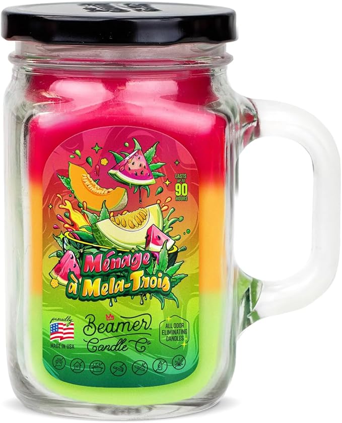 Beamer Candle Co. - Ménage Á Mela Trois Candle – Watermelon, Cantaloupe & Honeydew - Sweet Melon Scent - Odor Eliminating - High Fragrance - Large 12oz Mason Jar - 90 Hour Burn Time
