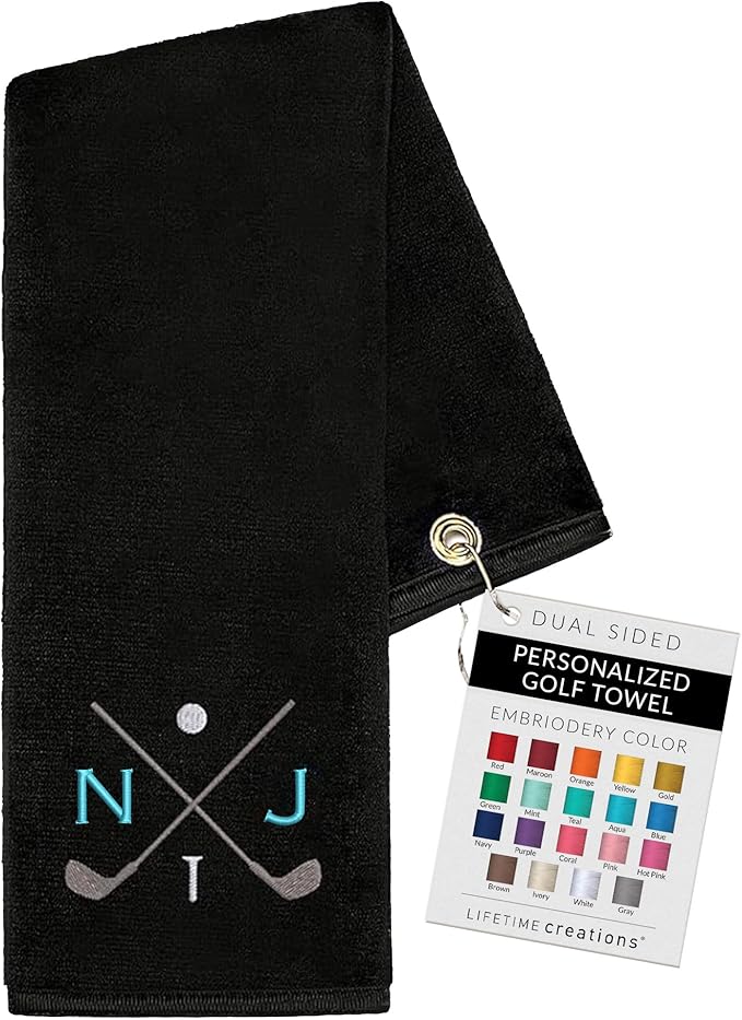 Lifetime Creations Personalized Golf Towel for Golf Bags - Custom Embroidered in USA with Initials, Dual-Sided for Scrubbing, Gifts for Golfers, Golf Accessories for Men or Women, Groomsmen, Dad