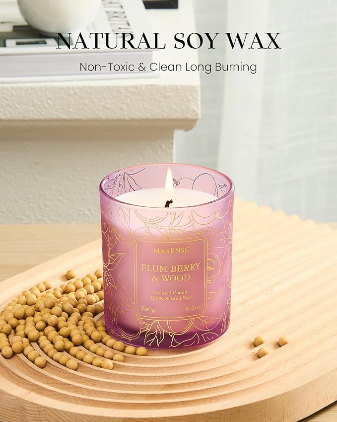 M&SENSE Plum Berry Wood Scented Vegan Soy Candles, Naturally Scented No Toxin, 8.1oz 42-Hour Slow Burning, Cozy Fall Home Fragrance for Relaxation, Housewarming Gift for Adults
