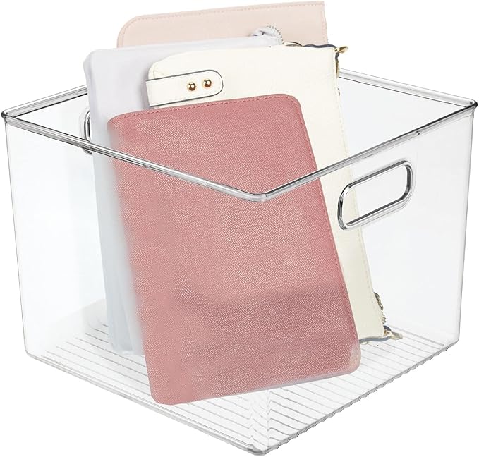 mDesign Small Modern Plastic Storage Organizer Bin Basket with Handles for Home Closet Organization - Shelf, Cubby, Cabinet, and Cupboard Organizing Decor - Ligne Collection - 2 Pack - Clear