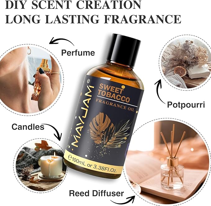 MAYJAM 100ML/3.38FL.OZ Sweet Tobacco Fragrance Oils with Glass Dropper, Essential Oils for Diffusers for Home, Long Lasting Scented Oils for Diffusers Soap Candle Making