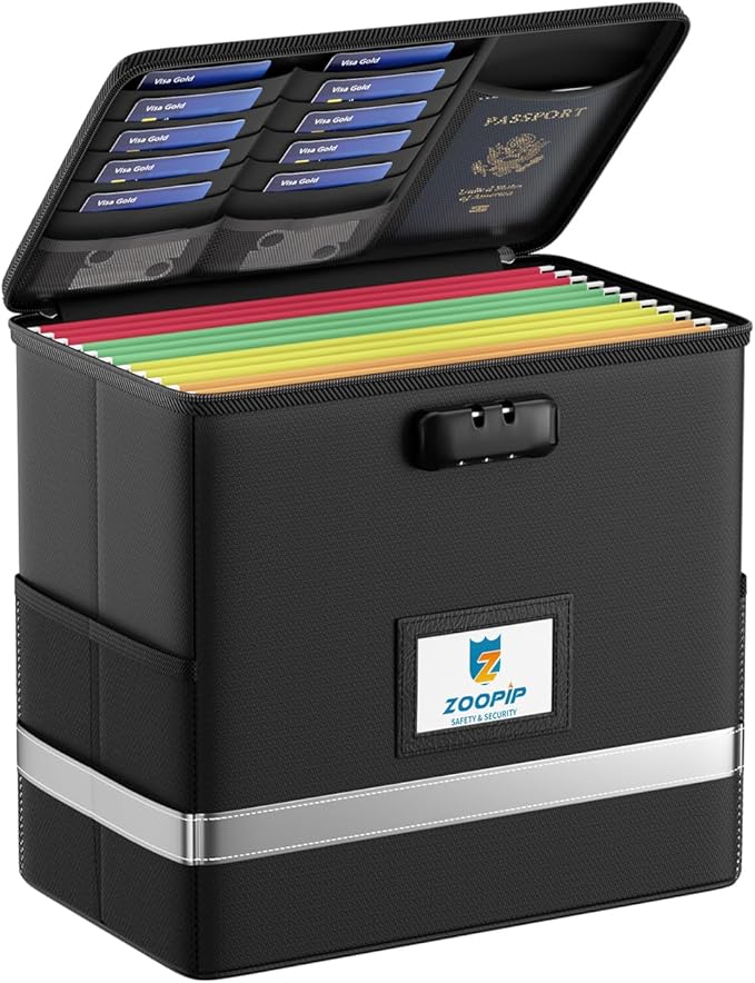 Fireproof File Box with Lock, Document Box Storage Organizer, Suitable for Hanging File Folders in Letter Size, Collapsible File Box, Reflective Strip for Fast Find (12.2"*6"*10.2, Black)