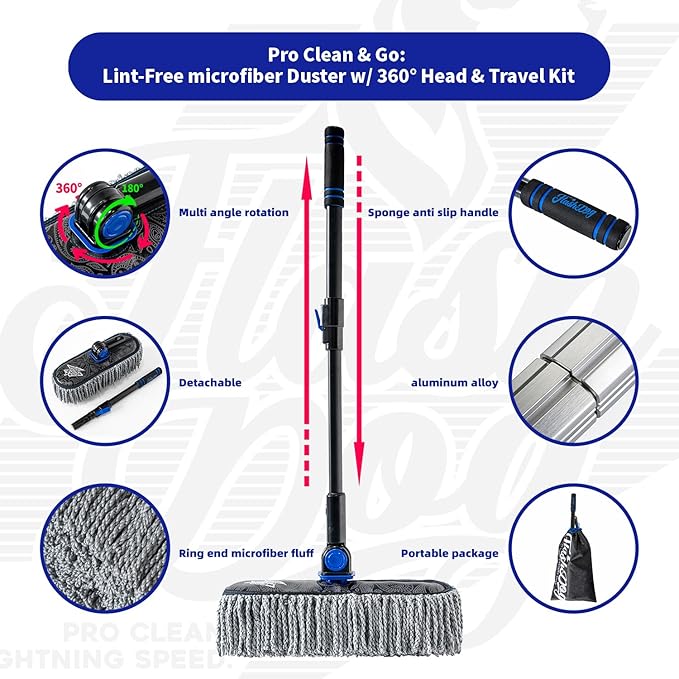 Flash Dog Car Duster Exterior Scratch Free Aluminum Alloy Extendable Handle and Microfiber Head Waterless Cleaning Brush for Cars, Trucks, SUVs Portable Car Duster
