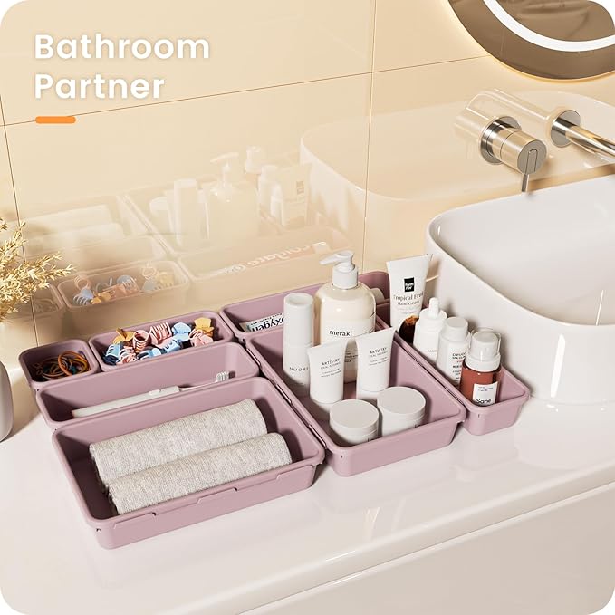 【𝟮𝟴𝗣𝗖𝗦】 【𝟱𝗦𝗶𝘇𝗲】 Purple Drawer Organizer, Makeup organizer, 【Holds 177 Items】 Bathroom Organizers and Storage, Plastic Desk Organizer Divider, Organizer Bins for Office Vanity A-LUGEI