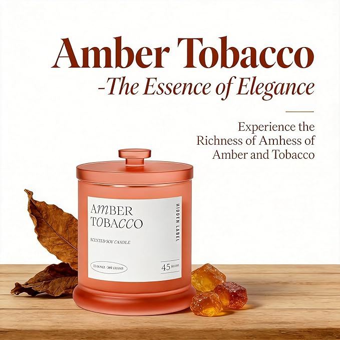 Hidden Label Amber Tobacco Scented Candle, 2 Wick Large Candles for Home Scented, 13oz Natural Soy Wax, 75Hours Long Lasting Slow Burning, Aromatherapy Candle with Reusable Glass Jar