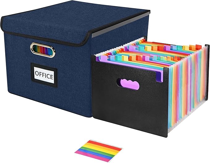 File Organizer Box with 25-Pocket Accordion Folder, File Folder & Protective Lid - Document Storage for Home, Office, School, Navy Blue